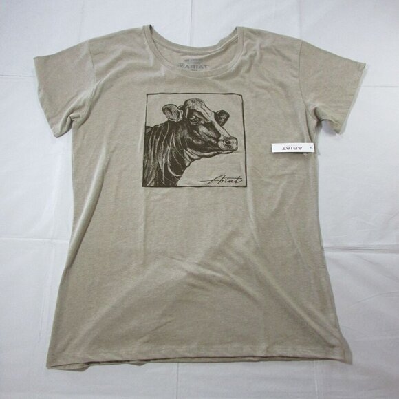 Ariat Women's Short Sleeve Cow Cover Relaxed Fit Graphic T-Shirt Oatmeal Heather - Picture 2 of 3